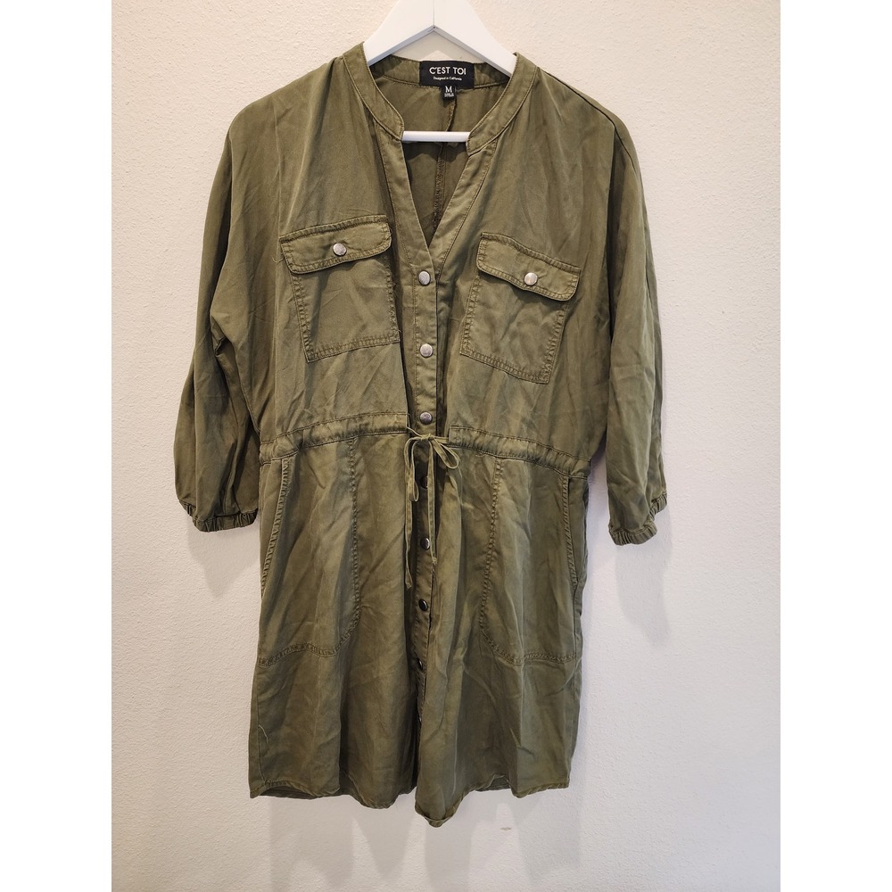 Womens Olive Green Tencel Utility‎ Shirt Dress Utility Boho Medium